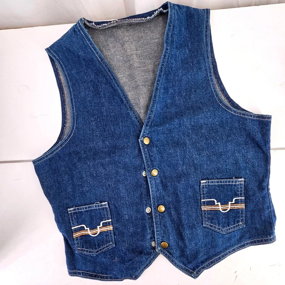 Vintage 70s Western Denim Vest Blue Snap Front Embroidered Pockets Mens Med Jean - Picture 1 of 9